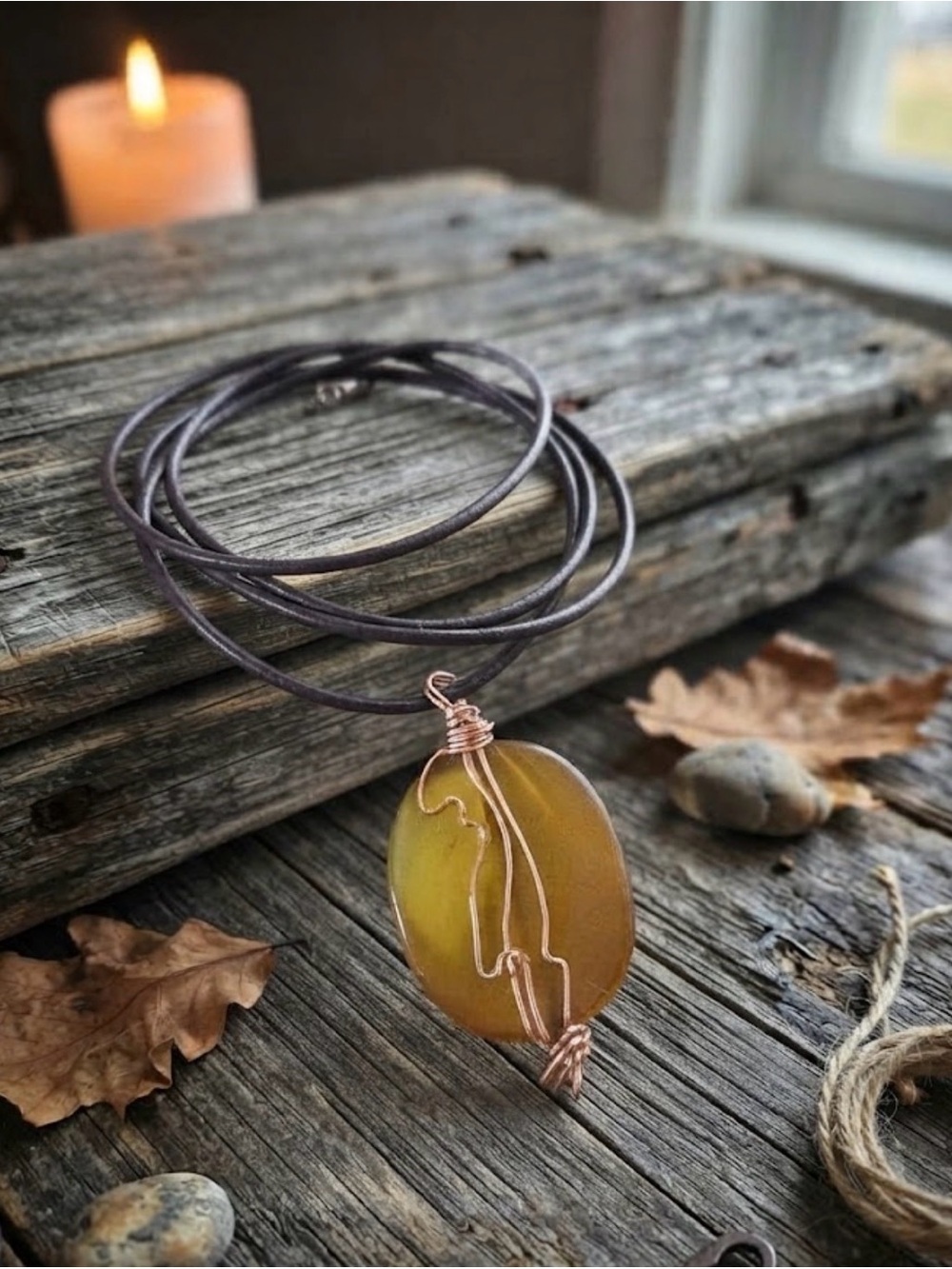 Rustic Bohemian Handcrafted Amber Pendant Necklace with Copper Wire